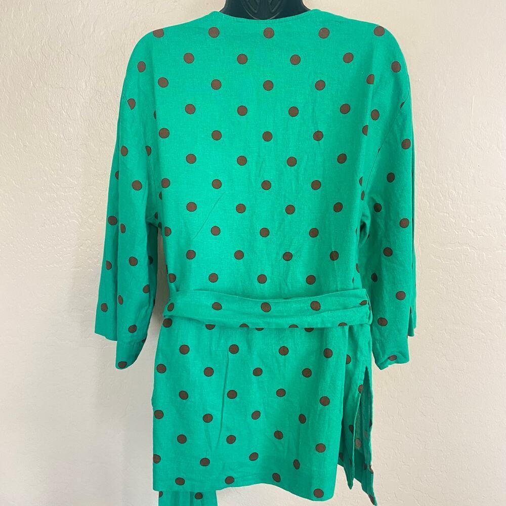 Zara Belted Top Blouse Womens Sz XL Polka Dot Linen Blend Kaftan Tunic Retro - Picture 6 of 8